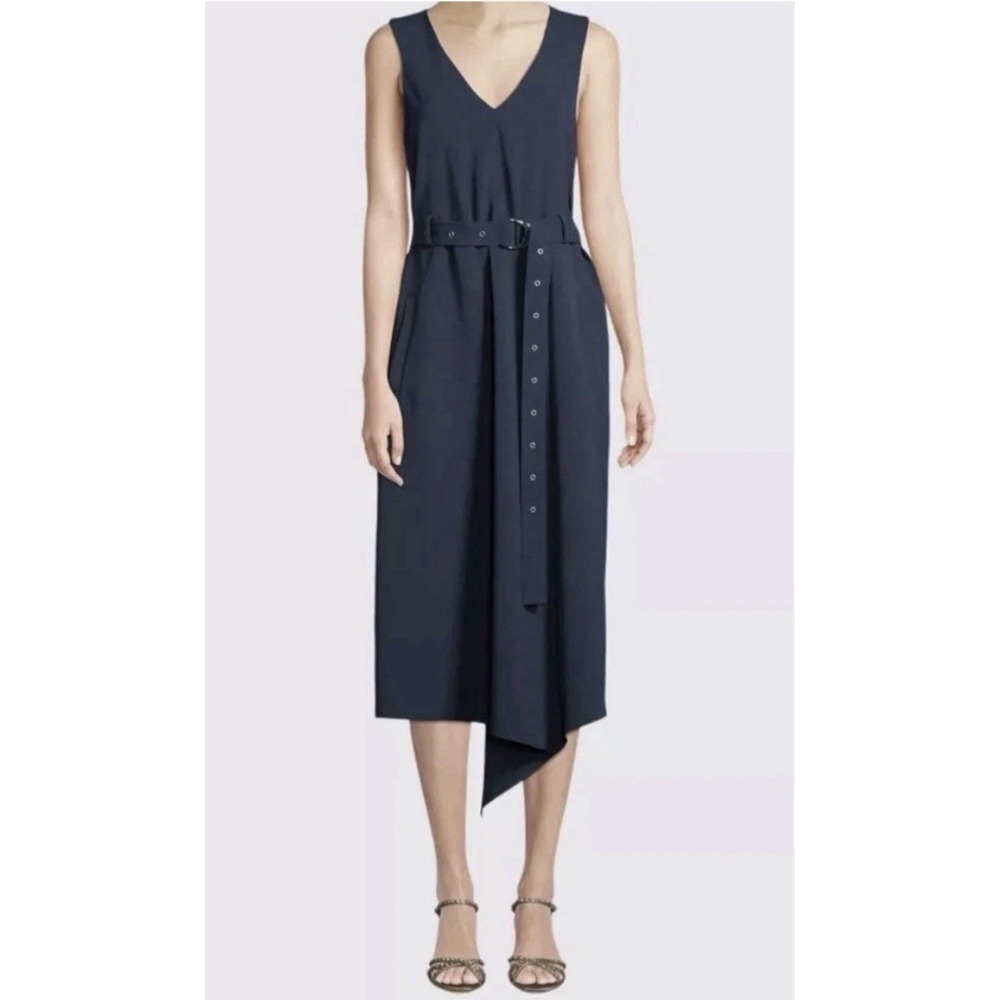 Tibi‎ Drape Front Faux Wrap Belted Midi Dress Navy Classic Cocktail Career Sz 10